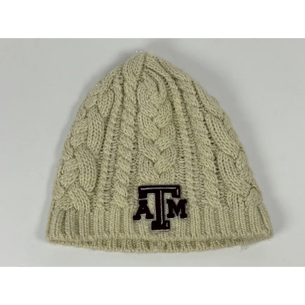 47 Brand Texas A&M Aggies Womens Beanie Hat Cream Cable Knit Metallic ATM Logo
